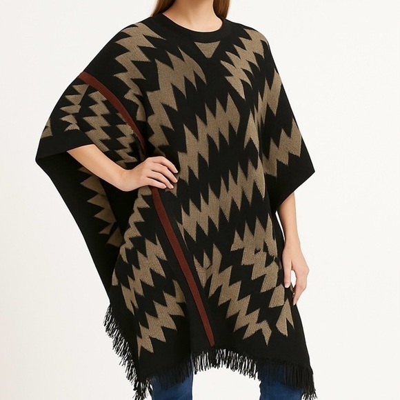 Harlow Sweaters - Harlow Poncho Boho Wrap Long Shrug Fringe Armhole Aztec Print Brick Taupe BLK OS